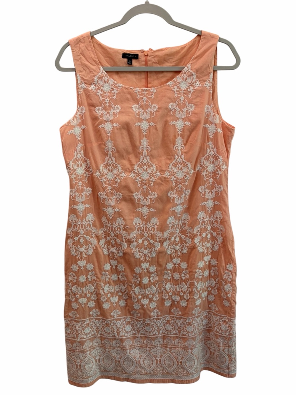 Talbots Embroidered Peach Coral 100% Cotton Shift Pencil Dress Size 10 FLAWS